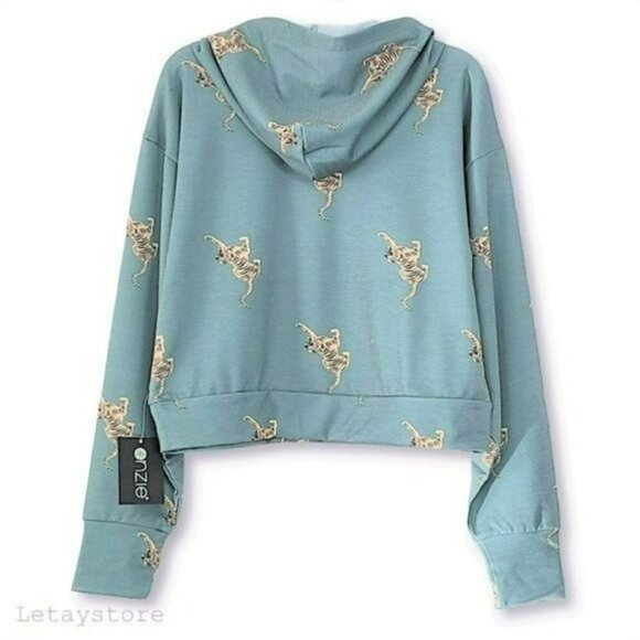 NWT ONZIE Soft French Terry Crop Pale Cacti Tiger Hoodie - Picture 6 of 12